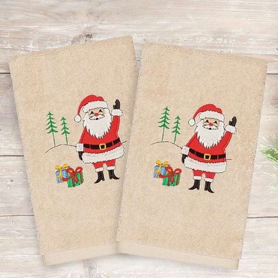 Bed & Bath * | Linum Home Textiles 2-Pack Christmas Santa Waving Embroidered Hand Towel Set Sand